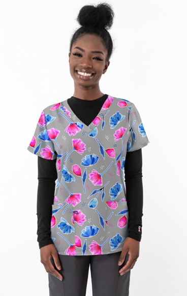 *FINAL SALE 1457GR – Forever Tulips - Grey Print Scrub Top - Soft Stretch Zinnia Fabric by Greentown