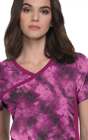 *FINAL SALE 1049PR koi Lite Stretch Raquel Mock-Wrap Print Top - Heather Raspberry Tie Dye