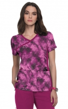 1049PR koi Lite Stretch Raquel Mock-Wrap Print Top - Heather Raspberry Tie Dye