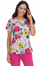 F101PR French Bull by koi Doll V-Neck Print Scrub Top - Delight White