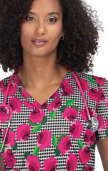 F101PR French Bull by koi Doll V-Neck Print Scrub Top - Houndstooth Rose