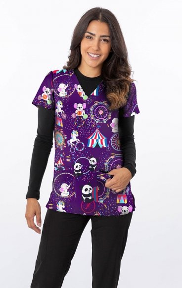 *FINAL SALE 1465PL – BIG CIRCUS PURPLE Print Scrub Top - Soft Stretch Zinnia Fabric by Greentown *FINAL SALE 1465PL – BIG CIRCUS PURPLE Print Scrub Top - Soft Stretch Zinnia Fabric by Greentown
