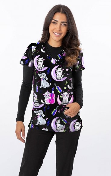 *FINAL SALE 1466BK – CAT & THE FIDDLE BLACK Print Scrub Top - Soft Stretch Zinnia Fabric by Greentown *FINAL SALE 1466BK – CAT & THE FIDDLE BLACK Print Scrub Top - Soft Stretch Zinnia Fabric by Greentown