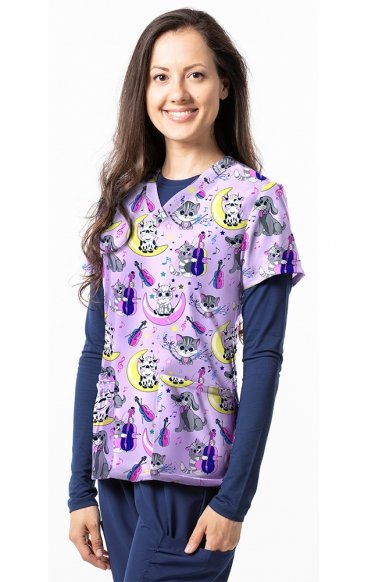 *FINAL SALE 1466PL – CAT & THE FIDDLE PURPLE Print Scrub Top - Soft Stretch Zinnia Fabric by Greentown *FINAL SALE 1466PL – CAT & THE FIDDLE PURPLE Print Scrub Top - Soft Stretch Zinnia Fabric by Greentown