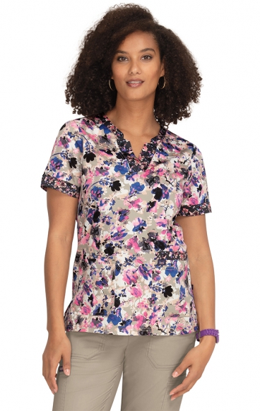 1070PR Koi Stretch Elena 4 Pocket Print Top - Watercolor Petals