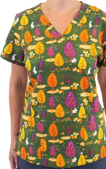 9810 Maevn Women's Printed V-Neck Top - Forest Friends