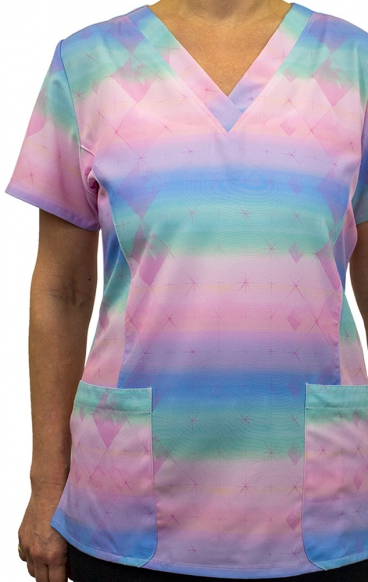 9810 Maevn Women's Printed V-Neck Top - Pastel Prism