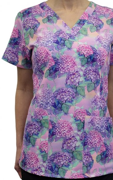 9810 Maevn Women's Printed V-Neck Top - Sweet Hydrangeas