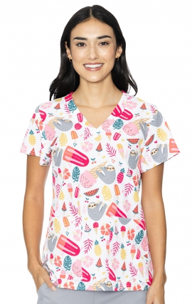 8564 Med Couture V-Neck Vicky Print Scrub Top - Sloth Party