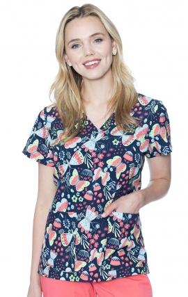 8564 Med Couture V-Neck Vicky Print Scrub Top - Butterfly Friends