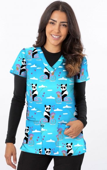 *FINAL SALE 1509BL – PANDA CYCLE Print Scrub Top - Soft Stretch Zinnia Fabric by Greentown