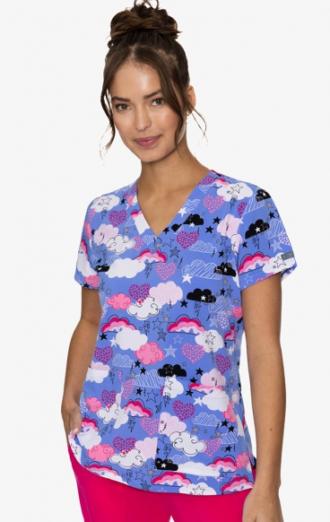 8564 Med Couture V-Neck Vicky Print Scrub Top - Happy Cloud