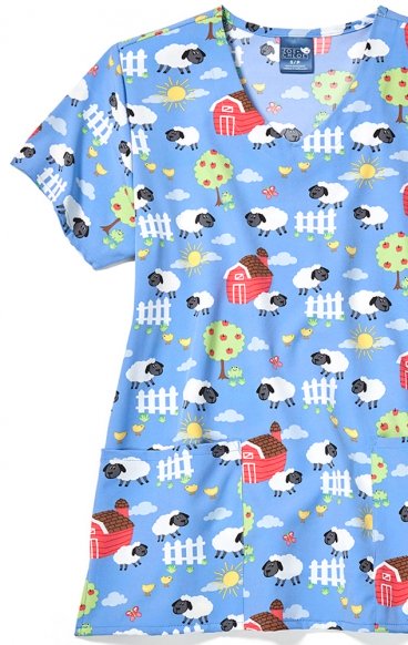 Z12213 Zoe + Chloe Curved V-neck Print Scrub Top - Sheep Peeps