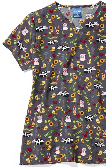 Z16213 Zoe + Chloe Notch Neck Print Scrub Top - Farm Friends