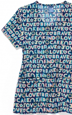 Z18213 Zoe + Chloe Curved V-Neck Print Scrub Top - Love Care Joy