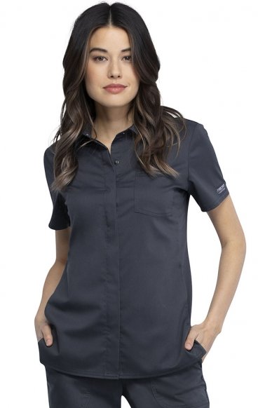 WW669 Workwear Revolution Hidden Snap Front Collar Top by Cherokee