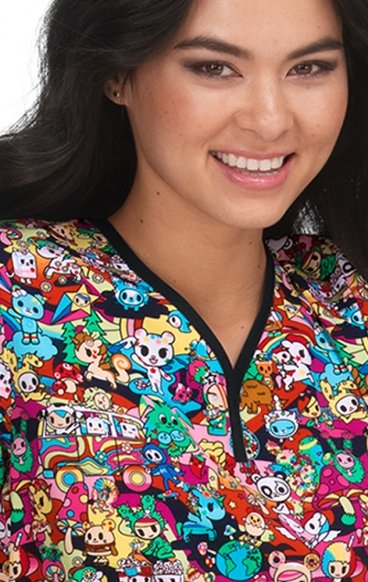 1017TKD koi Tokidoki  Y-Neck Print Scrub Top - Stay Groovy