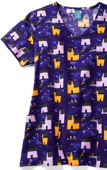 Z12213 Zoe + Chloe Curved V-neck Print Scrub Top - Trick or Treat