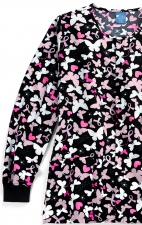 Z85213 Zoe + Chloe Round Neck Poly Print Warm Up Scrub Jacket - Pink Flight