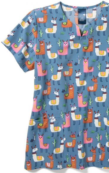 Z16213 Zoe + Chloe Notch Neck Print Scrub Tops - Llama Rama