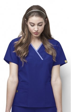 6026 WonderWink Origins Charlie Y-neck Contrast Trim Scrub Tops - Galaxy Blue