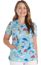 CK678 Cherokee Rounded V-Neck 3 Pocket Print Top - Rainy Day Paws