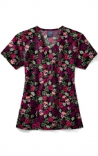 Z12213 Zoe + Chloe Curved V-neck Print Scrub Top - Sugar Skull Roses