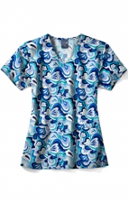 Z12213 Zoe + Chloe Curved V-neck Print Scrub Top - Wavy Paisley