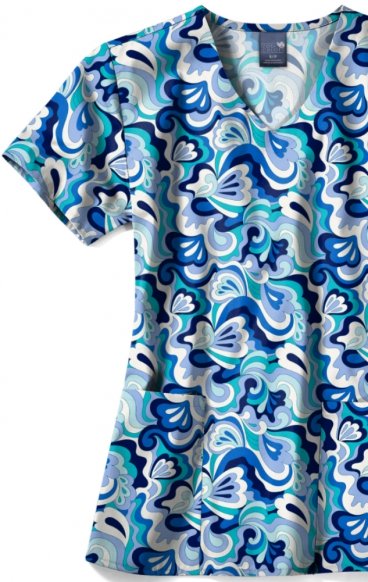 Z12213 Zoe + Chloe Curved V-neck Print Scrub Top - Wavy Paisley Z12213 Zoe + Chloe Curved V-neck Print Scrub Top - Wavy Paisley