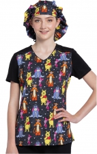 TF639 Tooniforms Fitted V-Neck Print Top with Colour Block Panels by Cherokee Uniforms - Hundred Acre Stars