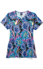 Z16213 Zoe + Chloe Notch Neck Print Scrub Tops - Disco Floral