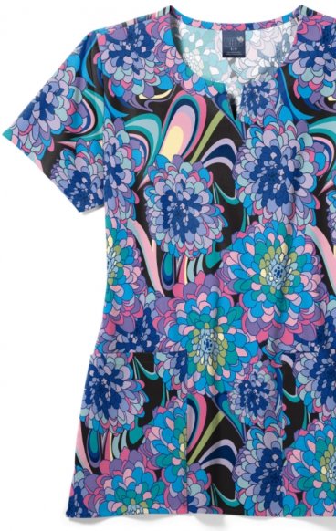 Z16213 Zoe + Chloe Notch Neck Print Scrub Tops - Disco Floral Z16213 Zoe + Chloe Notch Neck Print Scrub Tops - Disco Floral