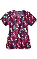 Z12213 Zoe + Chloe Curved V-neck Print Scrub Top - Penguin Pals