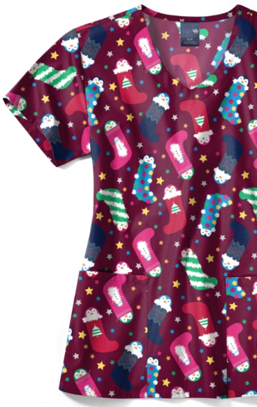 *FINAL SALE XL Z12213 Zoe + Chloe Curved V-neck Print Scrub Top - Penguin Pals