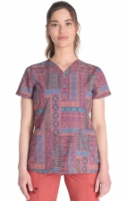 DK667 Dickies 4 Pocket V-Neck Print Top - Fair Isle Patch