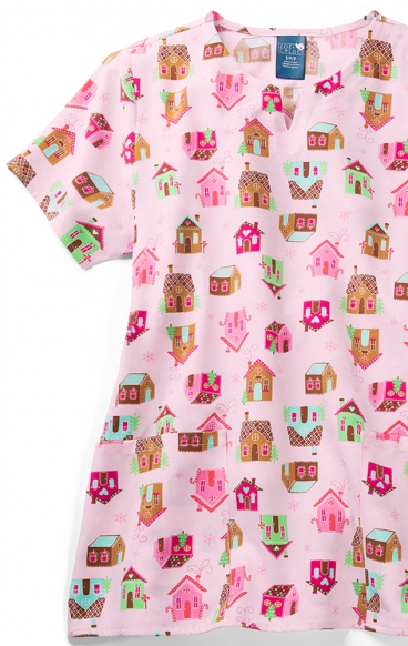 *FINAL SALE Z16213 Zoe + Chloe Notch Neck Print Scrub Tops - Snow Place Like Home