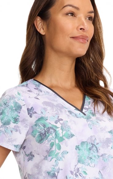 HH910 Healing Hands Amanda Grosgrain Ribbon V-Neck Print Top - Quiet Petals