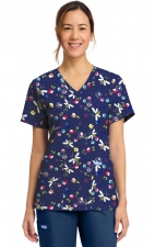 CK856 V-Neck 2 Pocket Print Top by Cherokee - Bumble Bee Bloom