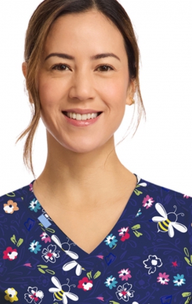 CK856 V-Neck 2 Pocket Print Top by Cherokee - Bumble Bee Bloom