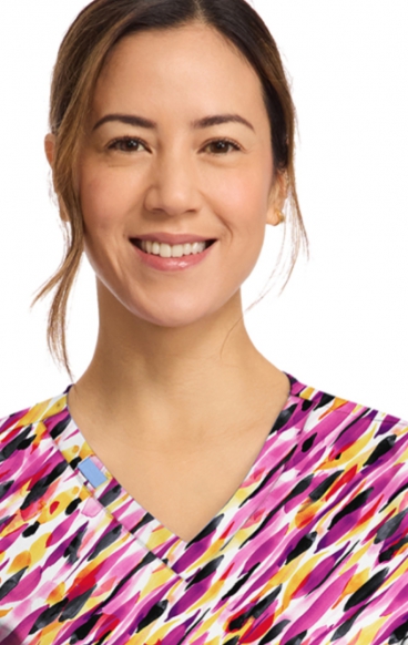 CK856 V-Neck 2 Pocket Print Top by Cherokee - Watercolor Marks