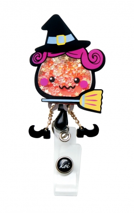 A156 koi Retractable Shaker Badge Reel - Candy Corn Witch