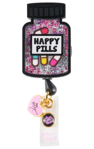 BA156 Betsey Johnson Retractable Shaker Badge Reel by koi - Happy Pill Bottle BA156 Betsey Johnson Retractable Shaker Badge Reel by koi - Happy Pill Bottle