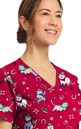 CK856 V-Neck 2 Pocket Print Top by Cherokee - Cowgirl Kitty