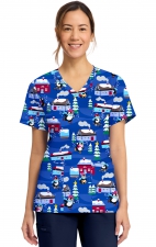 CK856 V-Neck 2 Pocket Print Top by Cherokee - Playing Penguins
