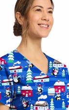 CK856 V-Neck 2 Pocket Print Top by Cherokee - Playing Penguins