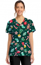 CK856 V-Neck 2 Pocket Print Top by Cherokee - Waiting for Santa