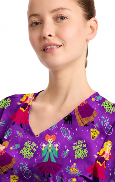 TF794 Tooniforms 2 Pocket V-Neck Print Top by Cherokee - Bunch Of Hocus Pocus