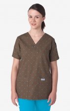 320T Brown Polka Dot MOBB V-Neck Print Scrub Top