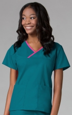 1026 Maevn CORE - Y-Neck Mock Wrap Top - Teal/Hot Pink