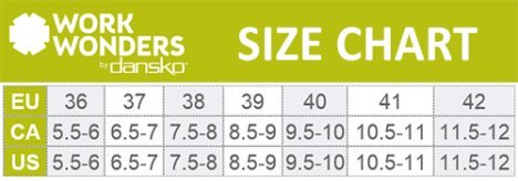 Camellia Work Wonders by Dansko™ - Size Chart